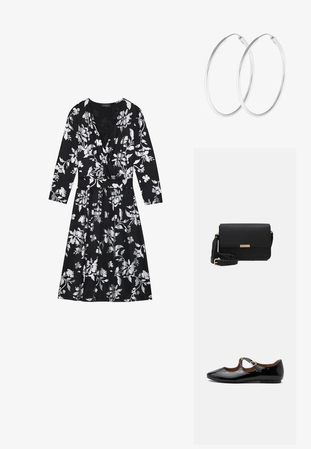Robe noire à fleurs avec des manches longues, présentant des motifs floraux argentés, un décolleté en V et une taille ceinturée. Tissu doux avec une jupe fluide.; Chaussure plate Mary Jane en cuir verni noir avec deux découpes et une bride à boucle dorée sur fond blanc.; Sac en cuir noir avec un rabat, accents en matériel doré, sangle réglable et surface texturée. Forme rectangulaire compacte.; Boucles d'oreilles en argent, de forme ronde lisse et finition polie. Les deux boucles d'oreilles sont de la même taille et disposent d'un mécanisme de fermeture sécurisé.