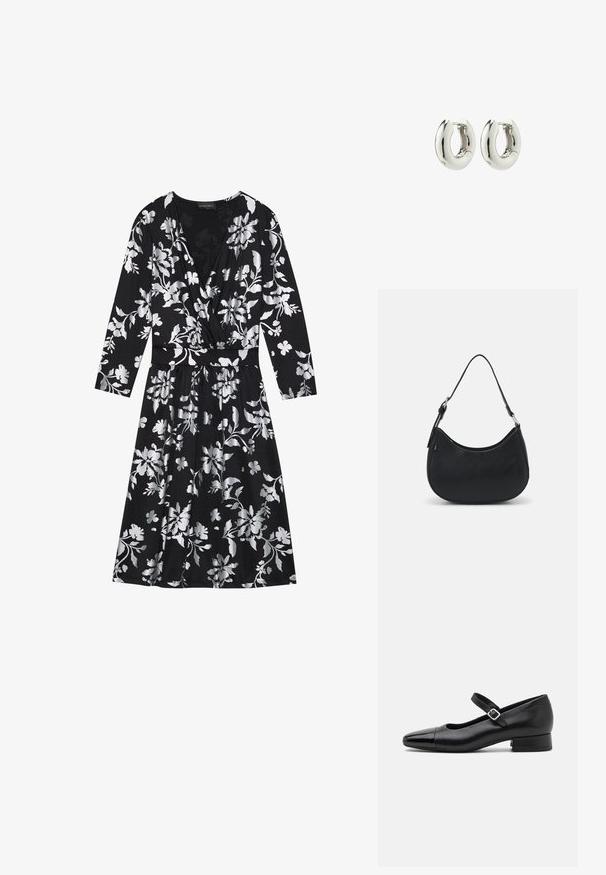 Schwarzes Blumenkleid mit langen Ärmeln, das silberne Blumenmuster, einen V-Ausschnitt und eine taillierte Taille aufweist. Weicher Stoff mit einem fließenden Rock.; Schwarze Leder-Mary-Jane-Schuhe mit einer patentierten Zehenkappe, verstellbarem Knöchelriemen und niedrigem Blockabsatz. Glatte Textur und elegantes Design.; Schwarze Hobo-Tasche aus glattem Leder mit einer geschwungenen Silhouette, ausgestattet mit einem einzelnen verstellbaren Trageriemen und minimalistischem Design.; Silberne Creolen mit einem glatten, runden Design und glänzender Oberfläche. Verfügt über einen einfachen Scharnierverschluss für ein leichtes Tragen.
