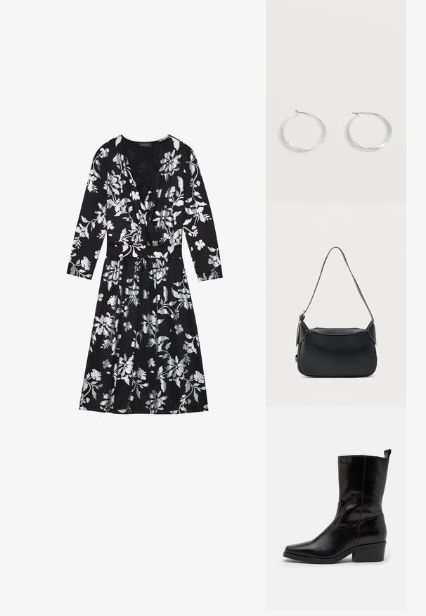 Robe noire à fleurs avec des manches longues, présentant des motifs floraux argentés, un décolleté en V et une taille ceinturée. Tissu doux avec une jupe fluide.; Bottines en cuir noir avec un bout pointu, un petit talon carré et un détail de couture. Elles sont dotées de panneaux élastiques sur les côtés pour un enfilage facile.; Sac à bandoulière en cuir noir avec une texture lisse, une forme arrondie et une fine bandoulière. Il dispose d'une fermeture éclair et d'accents matériels minimalistes.; Boucles d’oreilles créoles en métal argenté avec une surface lisse légèrement incurvée et des fermoirs à clapet sur un fond blanc uni.
