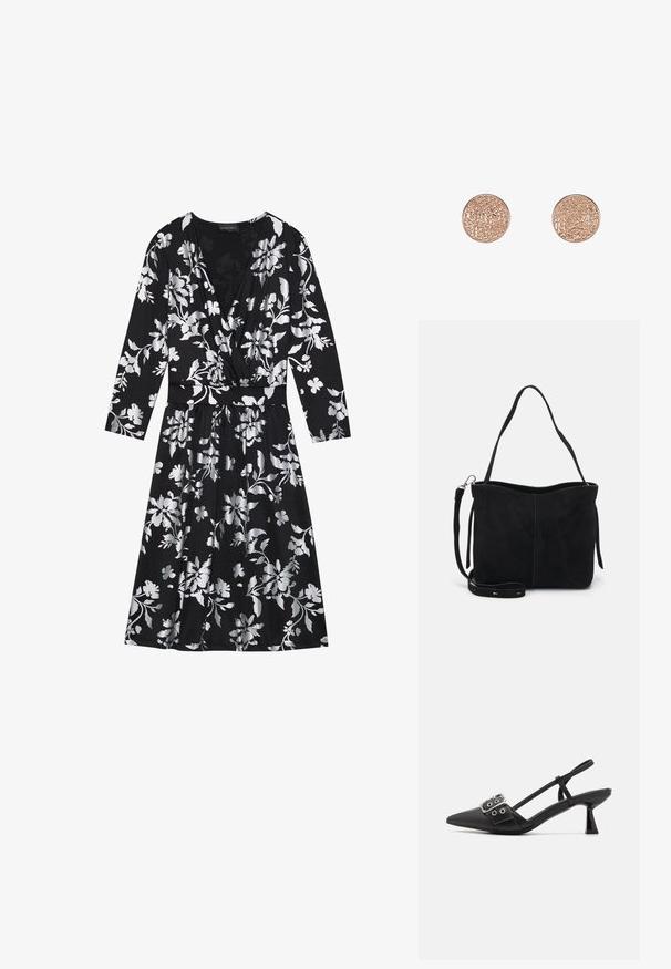 Schwarzes Blumenkleid mit langen Ärmeln, das silberne Blumenmuster, einen V-Ausschnitt und eine taillierte Taille aufweist. Weicher Stoff mit einem fließenden Rock.; Simmi London DALA - Pumps - black; Schwarze Wildleder-Tasche mit einer weichen Textur, ausgestattet mit einem einzelnen Schulterriemen und einem abnehmbaren Crossbody-Riemen. Offenes, unstrukturiertes Design.; Runde Ohrstecker aus roségold mit einer strukturierten Oberfläche, die ein Kreuzmuster aufweist. Glatte Kanten und hochglanzpolierte Oberfläche.