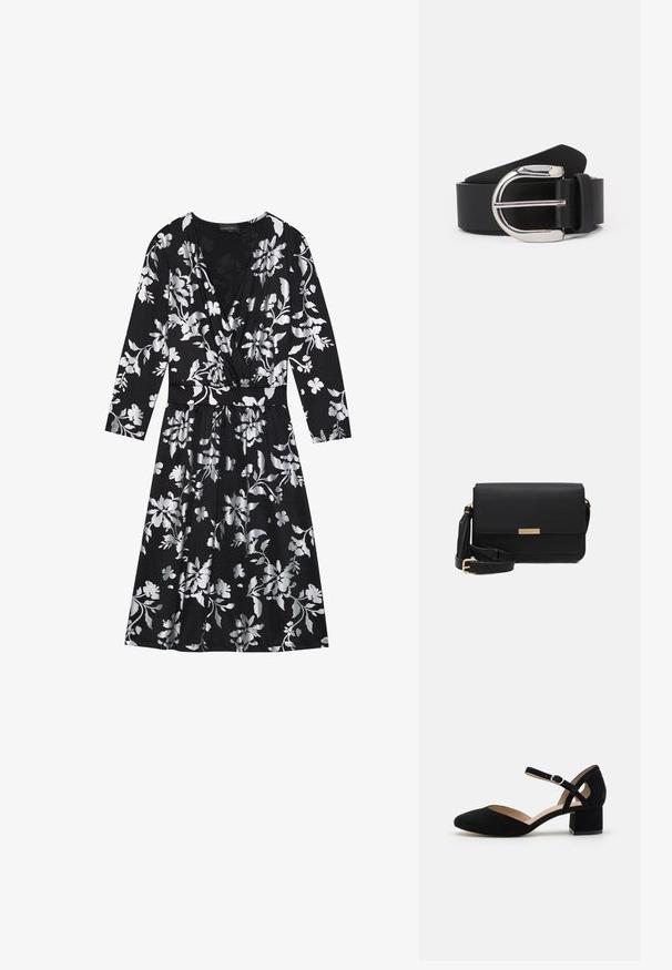Schwarzes Blumenkleid mit langen Ärmeln, das silberne Blumenmuster, einen V-Ausschnitt und eine taillierte Taille aufweist. Weicher Stoff mit einem fließenden Rock.; Schwarzer Wildleder-Pumps mit spitzem Kopf und breitem Blockabsatz. Verfügt über einen verstellbaren Knöchelriemen mit einer silbernen Schnalle.; Schwarze Leder-Crossbody-Tasche mit Klappenverschluss, goldenen Beschlägen, verstellbarem Tragegurt und strukturiertem Material. Kompakte, rechteckige Form.; Schwarzer Leder-Gürtel mit einer silbernen Metallschnalle, verfügt über eine glatte Textur und ein klassisches Design. Der Gurt ist 3,8 cm breit.