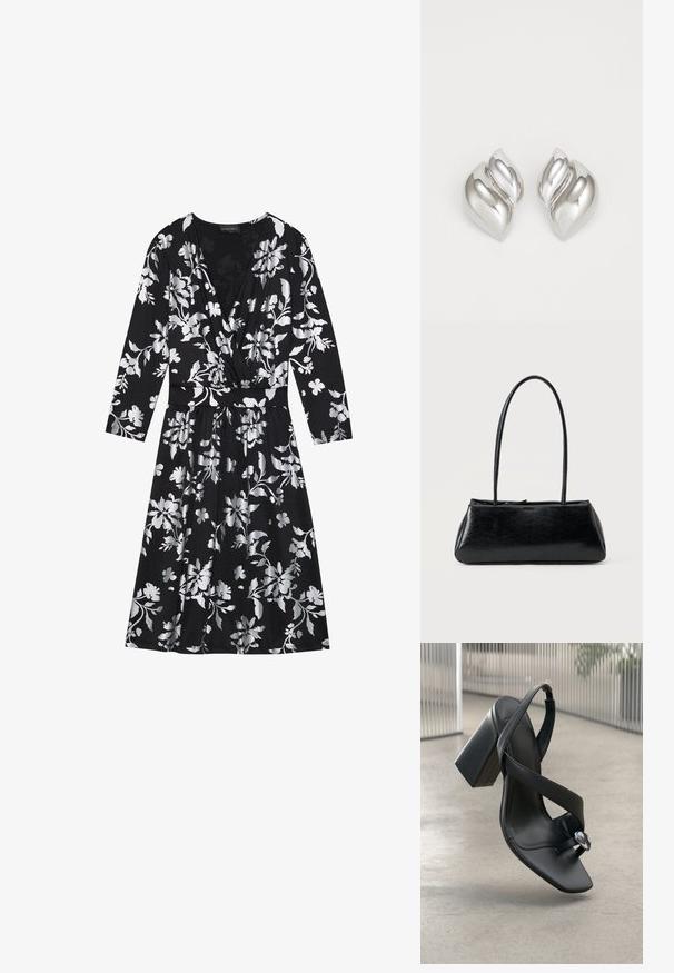 Vestido negro con flores de manga larga, con patrones florales plateados, un escote en V y una cintura ceñida con un cinturón. Tejido suave con una falda fluida.; Sandal de tacón alto de cuero negro con cinta ancha, lazo para el dedo del pie y adornos plateados sobre un fondo liso de color gris claro.; Bolso de hombro rectangular negro con correas largas y delgadas y una textura lisa y brillante sobre un fondo liso.; Pendientes de plata con una forma orgánica y abstracta. Superficie lisa y brillante con un diseño cónico. Presentan suaves curvas y un detalle de línea central.
