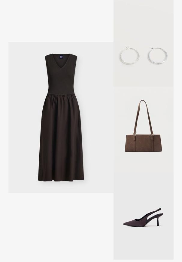 Robe noire sans manches avec un haut côtelé ajusté à col en V et une jupe froncée et fluide s'étendant jusqu'au milieu du mollet.; Chaussure à talon slingback en tissu violet foncé. Design à bout pointu, côtés ouverts, et talon mince de forme carrée. Texture lisse.; Sac à bandoulière rectangulaire marron avec longues sangles et détails de couture minimalistes sur un fond uni.; Boucles d’oreilles créoles en métal argenté avec une surface lisse légèrement incurvée et des fermoirs à clapet sur un fond blanc uni.