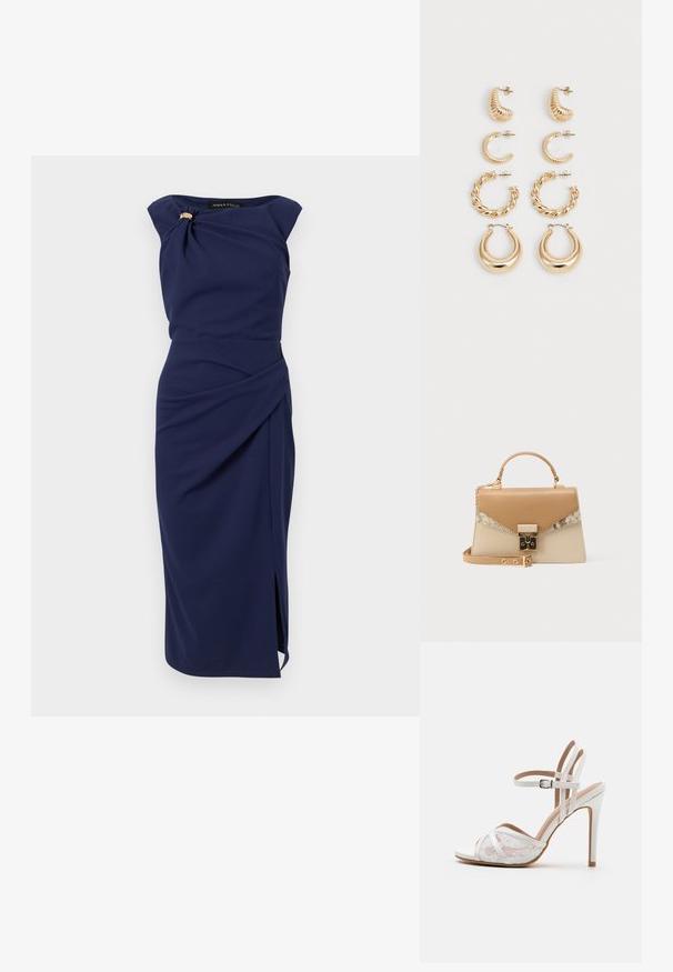 Robe midi sans manches bleu marine avec drapé asymétrique, fente latérale et épingle décorative près du col sur le côté gauche.; Sandale blanche à talons hauts présentant un design en maille et en dentelle, des brides croisées, une bride de cheville ajustable et un talon aiguille effilé.; Sac à main structuré beige et fauve avec poignée supérieure, bandoulière réglable, serrure dorée et accent en imprimé peau de serpent sur le rabat avant.; Ensemble de cinq boucles d'oreilles en or, avec des designs variés : surfaces torsadées, striées et lisses en formes de créoles et de croissants.