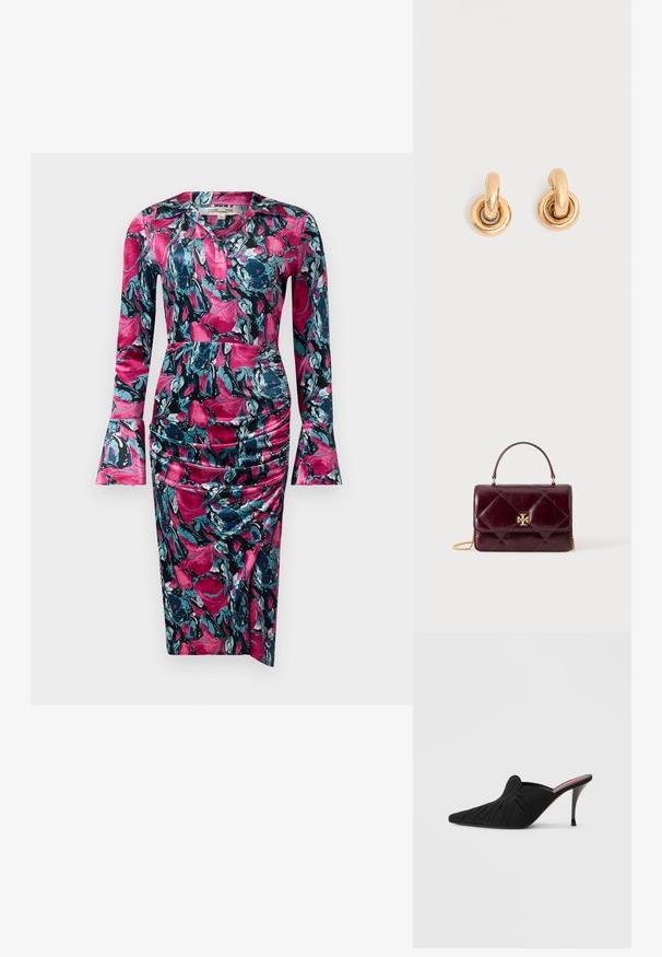 Diane von Furstenberg ZANE DRESS - Cocktailkjole / festkjole - indian pink; Sort højhælet mule med spids tå, blødt stof med rynket tekstur foran og en slank stiletthæl.; Lille mørk bordeaux læderhåndtaske med quiltet mønster, guld logo lås, top håndtag og guldkæde rem på hvid baggrund.; Par skinnende gyldne hoop-øreringe med tykke cirkulære led på en ensfarvet lys grå baggrund.