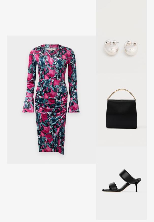 Diane von Furstenberg ZANE DRESS - Cocktailkjole / festkjole - indian pink; Sort læder mule sandal med to brede remme og en slank mellemhøj stiletthæl på en ensartet lys baggrund.; Sort taske lavet af glat stof, med en struktureret form, et håndtag med guld kæde og et minimalistisk geometrisk design.; Par af skinnende sølv store øreringe med lukning på bagsiden mod en ensfarvet hvid baggrund.