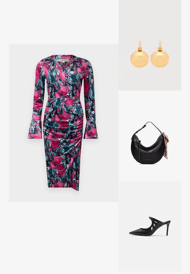Diane von Furstenberg ZANE DRESS - Juhlamekko - indian pink; Musta nahkainen korkokenkä-mule, jossa on terävä kärki, leikattu sivusuunnassa muotoilu ja sileä pinta. Stiletto-korko ja hienovarainen ommelkoristelu.; Musta puolikuun muotoinen nahkainen käsilaukku, jossa säädettävä hihna, hopeinen vetoketjun vetolaite ja toiselle puolelle solmittu kuviollinen silkkihuivi.; Pari kiiltäviä kullanvärisiä joulupallokorvakoruja, joissa on koukkukiinnitys, yksinkertaisella valkoisella taustalla.