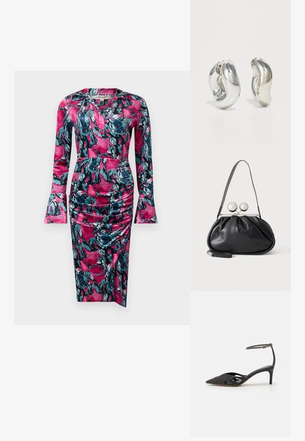 Diane von Furstenberg ZANE DRESS - Cocktailkjole / festkjole - indian pink; Sort læder højhælet sko med spids tå, åbne sider og en tynd ankelrem med en lille guld detalje.; Sort læderhåndtaske med opsamlet design, en enkelt rem, sølv metalramme og to store runde sølv lukninger.; Sølvskulpturelle øreringe med glatte, buede former og reflekterende overflader. Har et lukket hoop-design og en markant organisk form.