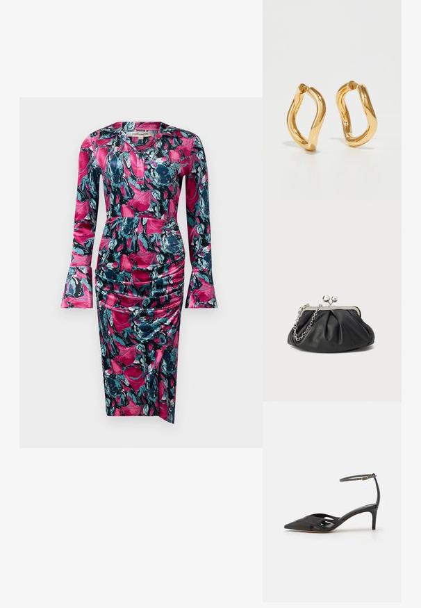 Diane von Furstenberg ZANE DRESS - Cocktailkjole / festkjole - indian pink; Sort læder højhælet sko med spids tå, åbne sider og en tynd ankelrem med en lille guld detalje.; Sort læder clutch med samlet tekstur, sølvfarvet metalramme, kys-lås lukning og kædestrop. Glat, blød overflade.; Guldfarvede hoops øreringe med en buet, uregelmæssig form og en glat, poleret overflade. Ingen synligt hardware eller dekorationer.