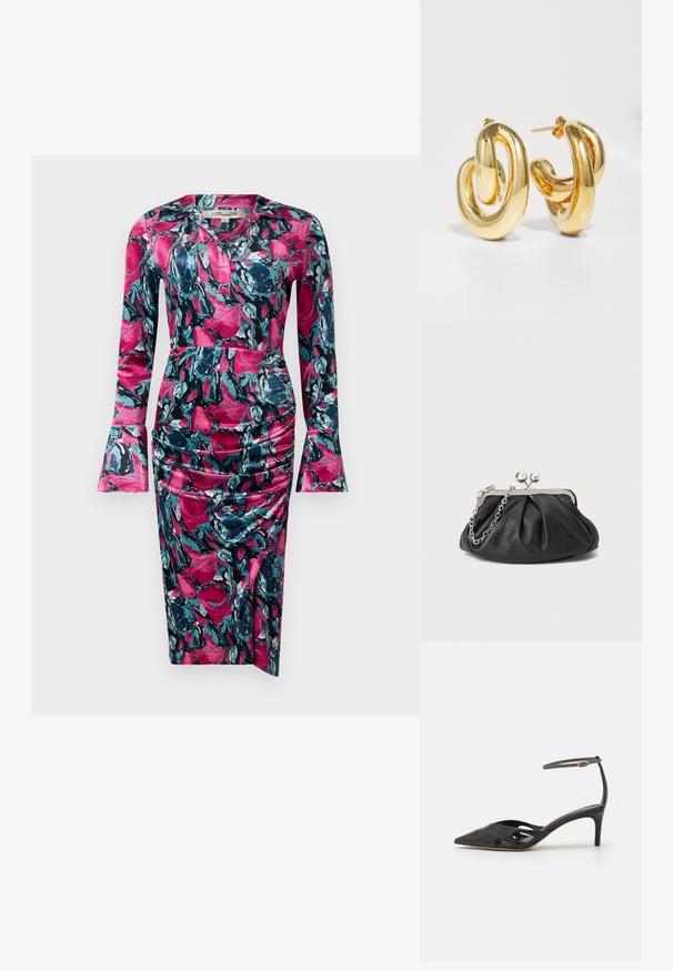 Diane von Furstenberg ZANE DRESS - Kokteilikleit/peokleit - indian pink; Must mustaharjal süngeteisega kingad, millel on terav varvas, avatud küljed ja õhuke pahkluuring, kus on väike kuldne detail.; Musthave musta nahast käekott, millel on volditud tekstuur, hõbedane metallraam, lukustatud sulgemismehhanism ja kett. Sile ja pehme pind.; Charlotte Chesnais BO INITIAL BLOW - Kõrvarõngad - gold-coloured