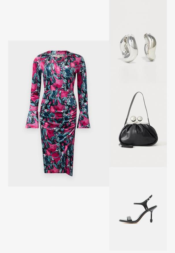 Diane von Furstenberg ZANE DRESS - Kokteilikleit/peokleit - indian pink; Mustast nahast kõrge kontsaga sandaal peente rihmade ja avatud varbaga, reguleeritava pahkluu pandlaga, esitatud valgel taustal.; Mustast nahast käekott kogutud disainiga, ühe rihmaga, hõbedase metallraamiga ja kahe suure ümmarguse hõbedase klambriga.; Hõbedased skulpturaalsed kõrvarõngad, millel on siledad, kaarekujulised vormid ja peegeldavad pinnad. Omavad suletud rõnga disaini ja eristuvat orgaanilist kuju.