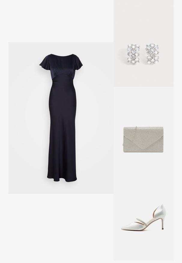 Robe longue bleu marine en tissu lisse, dotée de manches courtes flottantes, d'un corsage ajusté et d'une jupe fluide, avec un col rond.; Escarpin argenté à bout pointu avec un petit talon aiguille et une fine bride ornée de strass sur le dessus du pied.; Pochette argent métallique au design d'enveloppe, ornée d'un motif texturé, avec une chaîne amovible.; Paire de boucles d'oreilles ton argent avec plusieurs cristaux clairs facettés disposés en motif géométrique.