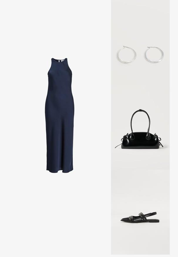 Á sleeveless, floor-length navy modrý saténový šaty s vysokým golierom a zapínaním na gombíky vzadu.; Even&Odd by Zalando Balerínky na šnúrky - black; Malá čierna lesklá kabelka s dvoma dlhými rúčkami a bočnými šnúrkovými detailmi na jednoduchom svetlom pozadí.; Strieborné kovové kruhové náušnice s hladkým, mierne zakriveným povrchom a zapínaním na poistku na jednoduchom bielom pozadí.