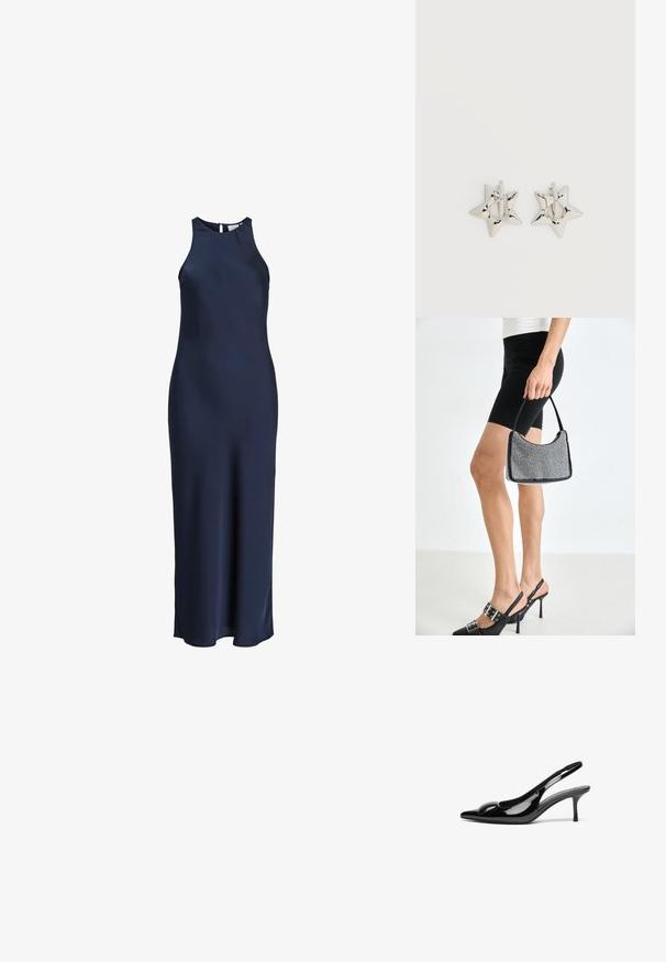 Á sleeveless, floor-length navy modrý saténový šaty s vysokým golierom a zapínaním na gombíky vzadu.; Čierne patentkové lodičky s otvorenou pätou, špicatou špičkou a lesklým povrchom. Majú štíhly opätok a zaoblený detail na nártovej časti.; Čierna korálková kabelka s zakriveným siluetom, nosnou rukoväťou a lesklou textúrou. Nosená s vysokými čiernymi topánkami na opätku a priliehavými čiernymi šortkami.; Strieborné náušnice kruhy v tvare hviezdy s hladkým, lešteným povrchom na jednofarebnom bielom pozadí.