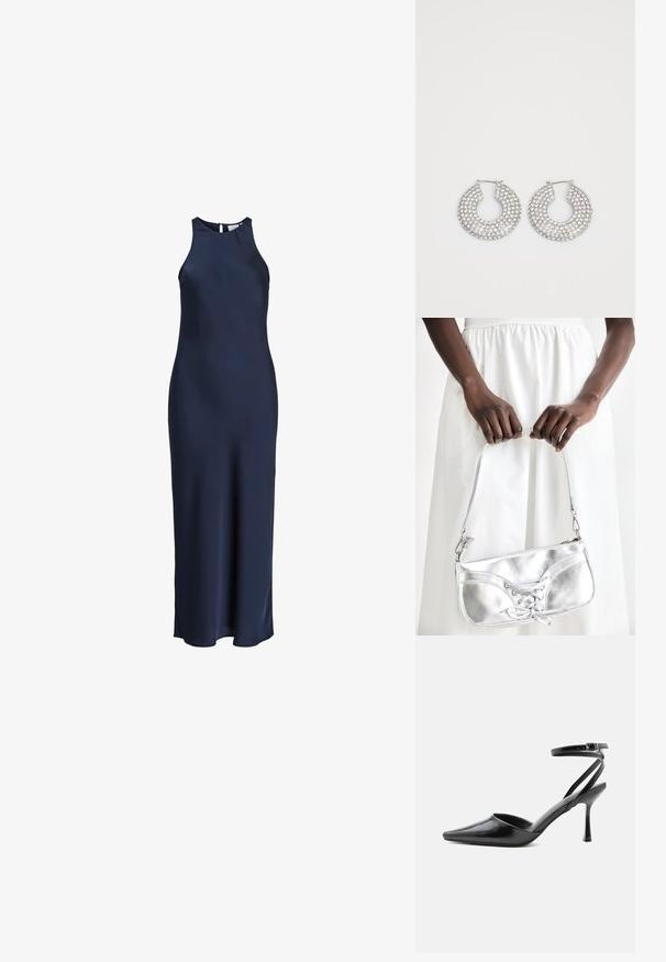 Á sleeveless, floor-length navy modrý saténový šaty s vysokým golierom a zapínaním na gombíky vzadu.; Čierny lodička na vysokom opätku so špicatou špičkou, tenkými remienkami okolo členku a striebornou prackou na jednoduchom svetlom pozadí.; Strieborná metalická kabelka s šnurovaním, vyznačujúca sa elegantným dizajnom a krátkym popruhom. Kabelka je držaná v rukách, čo predvádza jej textúru.; Strieborné kruhové náušnice zdobené viacerými čírymi kryštálmi, s textúrovaným povrchom a otvoreným kruhovým dizajnom.