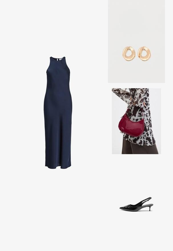 Á sleeveless, floor-length navy modrý saténový šaty s vysokým golierom a zapínaním na gombíky vzadu.; Čierne kožené sandále na podpatku so špičatou špičkou, nízkym širokým podpätkom a nariaseným detailom na priehlavku. Hladká textúra a minimalistický dizajn.; Žena v čierno-bielom vzorovanom blúzke drží lesklú červenú kabelku cez rameno na jednofarebnom pozadí.; Pár náramkových náušníc nepravidelného tvaru z brúseného kovu s pozláteným tónom a otvoreným stredom na bielom pozadí.