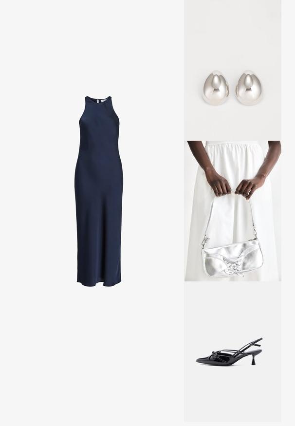 Ärmelloses, bodenlanges Satinkleid in Marineblau mit hohem Kragen und Knopfverschluss am Rücken.; Schwarzer Slingback-Pumps aus Lackleder mit spitzer Zehenpartie, niedrigem Kitten-Heel und dekorativer, geknoteter Schleife vorne.; Silberne metallische Handtasche mit Schnürdetail, die ein elegantes Design und einen kurzen Tragegurt aufweist. Die Tasche wird in den Händen gehalten und zeigt ihre Textur.; Silberne metalliche Ohrcuffs mit einem glatten, abgerundeten Design, das einer Träne ähnelt, mit einer reflektierenden Oberfläche und nahtlosem Finish.