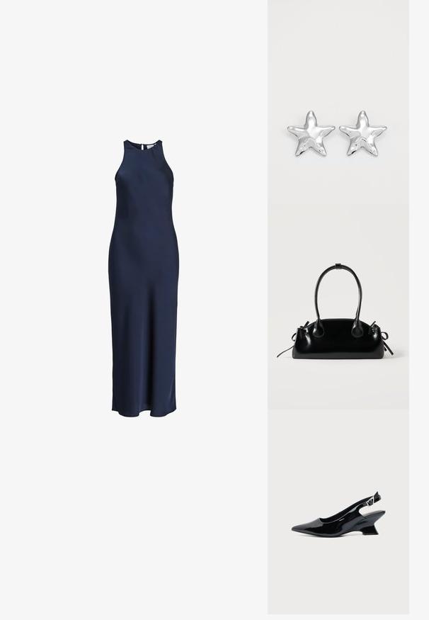 Vestido de satén azul marino sin mangas y largo hasta el suelo, con un escote alto y cierre de botones en la espalda.; Zapato slingback de cuero charol negro con puntera puntiaguda y tacón bajo en bloque inclinado sobre fondo claro liso.; Pequeño bolso negro brillante con dos asas largas y detalles de cordón lateral sobre un fondo claro liso.; Pendientes en forma de estrella plateada con una superficie pulida y brillante. Cada pendiente presenta cinco puntas y sutiles detalles de textura en la superficie.