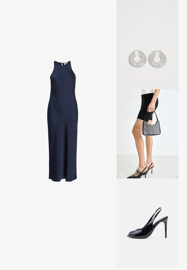Á sleeveless, floor-length navy modrý saténový šaty s vysokým golierom a zapínaním na gombíky vzadu.; Čierna lodička na vysokom podpätku z lakovanej kože s otvorenou špičkou a tenkým ihličkovým podpätkom na bielom pozadí.; Čierna korálková kabelka s zakriveným siluetom, nosnou rukoväťou a lesklou textúrou. Nosená s vysokými čiernymi topánkami na opätku a priliehavými čiernymi šortkami.; Strieborné kruhové náušnice zdobené viacerými čírymi kryštálmi, s textúrovaným povrchom a otvoreným kruhovým dizajnom.