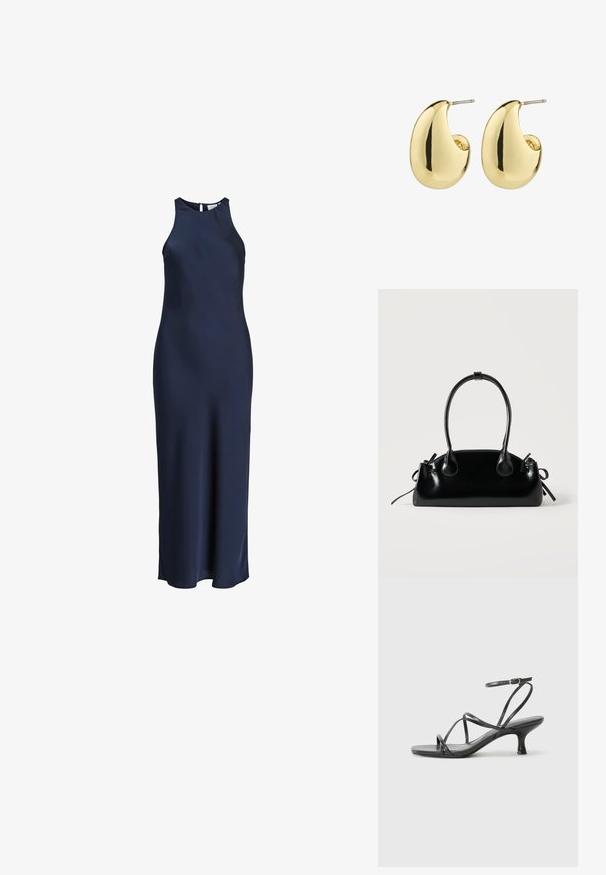 Á sleeveless, floor-length navy modrý saténový šaty s vysokým golierom a zapínaním na gombíky vzadu.; Čierne lodičky na podpätku s tenkými remienkami, otvorenou špičkou a malým rozšíreným podpätkom. Materiál vyzerá hladko a lesklo.; Malá čierna lesklá kabelka s dvoma dlhými rúčkami a bočnými šnúrkovými detailmi na jednoduchom svetlom pozadí.; Náušnice so zlatým tónom, s hladkým, lesklým povrchom, v abstraktnom tvare slzy. Jednoduchá kovová príchytka na pripnutie.