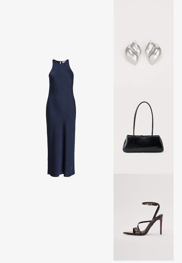 Á sleeveless, floor-length navy modrý saténový šaty s vysokým golierom a zapínaním na gombíky vzadu.; Burgundské lakované kožené sandále na vysokom opätku s remienkom okolo členka, špicatou špičkou a tromi horizontálnymi popruhmi cez chodidlo. Zlatý sponkový detail.; Čierna obdĺžniková kabelka cez rameno s dlhými tenkými popruhmi a hladkou, lesklou textúrou na jednofarebnom pozadí.; Strieborné náušnice s organickým, abstraktným tvarom. Hladký, lesklý povrch s zužujúcim sa dizajnom. Obsahujú jemné krivky a centrálny detail línie.