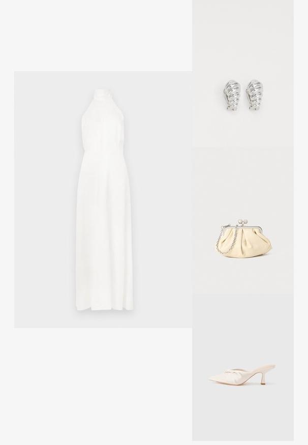 Vestido maxi sin mangas de color blanco con un alto collar, tejido suave, cuerpo ajustado y falda fluida. Diseño simple sin patrones visibles.; Zapato mule de tela beige claro con un diseño anudado en la parte delantera, punta afilada y un tacón delgado y estrecho. Textura suave en general.; Clutch de cuero beige plisado con un marco de metal plateado, que cuenta con dos broches decorativos redondos y una correa de cadena plateada.; Pendientes de clip plateados con un diseño en espiral, que presentan una textura metálica suave y formas redondeadas. Sin adornos ni patrones visibles.