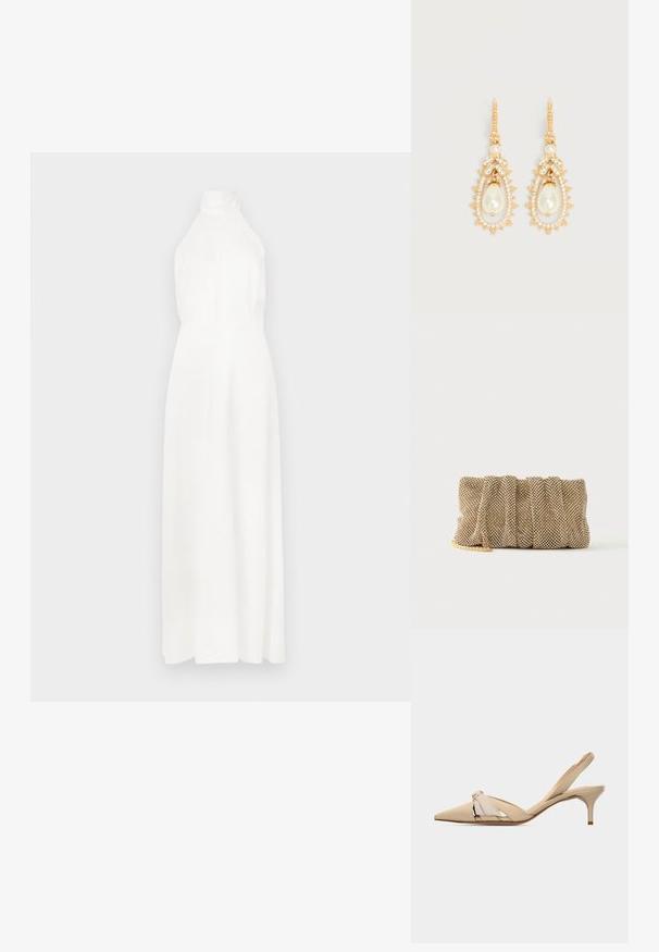 Weißes ärmelloses Maxikleid mit hohem Kragen, glattem Stoff, tailliertem Oberteil und fließendem Rock. Einfaches Design ohne sichtbare Muster.; Beiger Slingback-Kitten-Heel mit spitzer Zehenpartie, dekorativem Knotendetail am Obermaterial und niedrigem, schlankem Absatz.; Kleine goldene Mesh-Clutch mit gerafftem Design und teilweise sichtbarem goldenen Kettengurt auf einfachem weißem Hintergrund.; Ohrhänger in Goldoptik mit tropfenförmigen Kunstperlen, umgeben von kleinen klaren Kristallen und blattförmigen Kristallakzenten.
