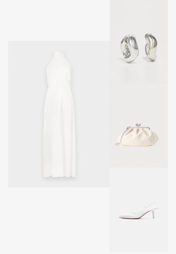 Vestido maxi sin mangas de color blanco con un alto collar, tejido suave, cuerpo ajustado y falda fluida. Diseño simple sin patrones visibles.; Zapato femenino de cuero blanco con tira trasera, punta puntiaguda, tacón bajo tipo kitten y un pequeño lazo decorativo en la parte superior, mostrado en perfil lateral.; Bolso de mano de tela color crema con diseño fruncido, marco metálico plateado, dos bolas decorativas y correa de cadena plateada.; Pendientes escultóricos de plata con formas suaves y curvas y superficies reflectantes. Presentan un diseño de aro cerrado y una forma orgánica distintiva.