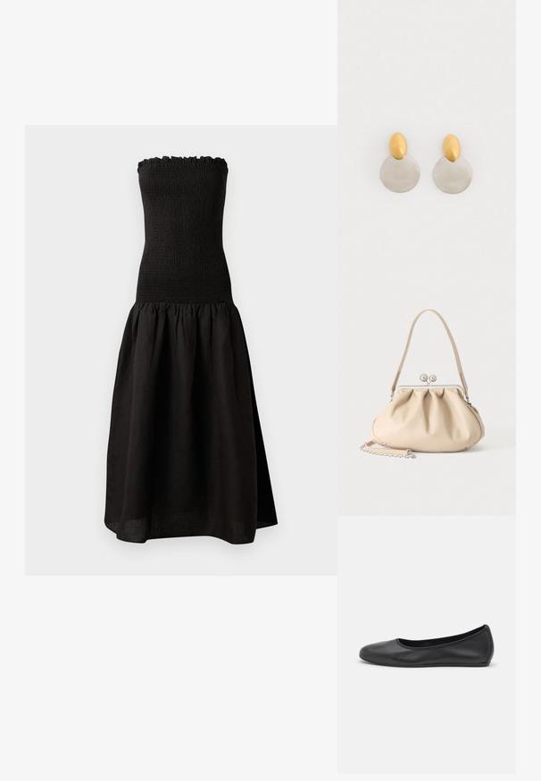 Zwarte strapless jurk met een gesmockte bodice, gerimpelde halslijn en een uitlopende, geplooide rok van lichtgewicht stof.; Zwarte leren ballerina met een ronde neus, gladde textuur, minimale stikdetails en een flexibele zoolontwerp.; Beige zachte leren handtas met een zilveren metalen frame sluiting, een enkele schouderriem en een optionele kettingriem op een witte achtergrond.; Gouden en zilveren metalen oorbellen met een ronde schijfbasis en een ovale bovenstuk, gladde textuur en gepolijste afwerking.