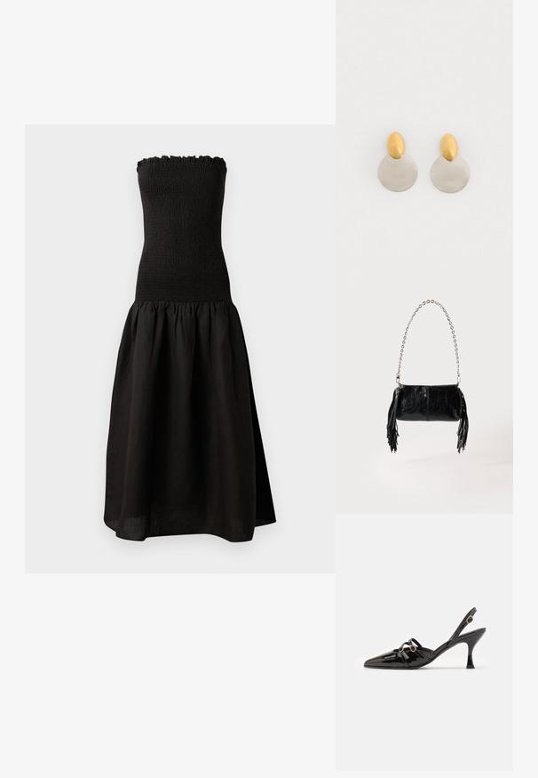 Robe noire sans bretelles avec un corsage smocké, un décolleté froncé, et une jupe évasée et froncée en tissu léger.; ALOHAS JOELLE ONIX - Escarpins - black; Petit sac à main en cuir noir avec bandoulière chaîne argentée et pompons en cuir noir de chaque côté, sur un fond clair uni.; Boucles d'oreilles en métal doré et argenté avec une base en disque rond et une pièce supérieure ovale, texture lisse et finition polie.