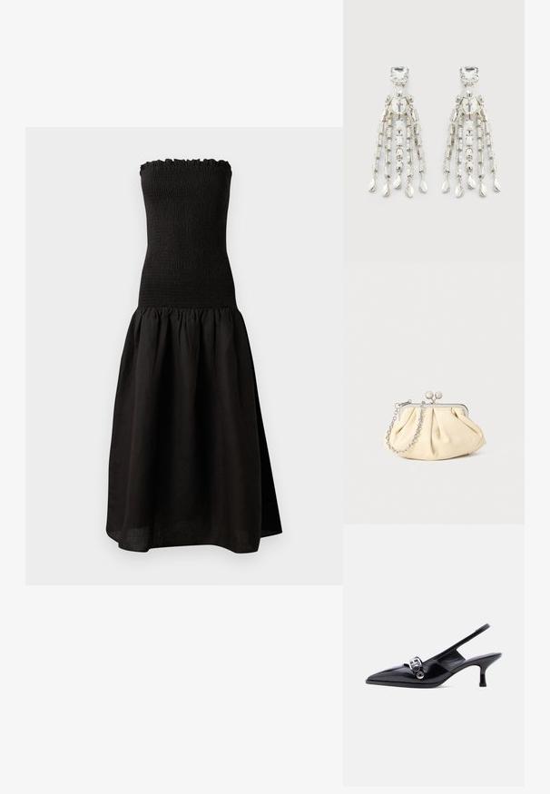 Zwarte strapless jurk met een gesmockte bodice, gerimpelde halslijn en een uitlopende, geplooide rok van lichtgewicht stof.; Zwarte slingback kitten heel schoen van lakleer met puntige neus en zilveren gespsluiting op een effen witte achtergrond.; Geplooide beige leren clutch met een zilveren metalen frame, voorzien van twee ronde decoratieve sluitingen en een zilveren kettingriem.; Zilverkleurige chandelier oorknopjes met vierkante studs, ronde parels en hangende kettingstrengen die eindigen in druppelvormige bedels.