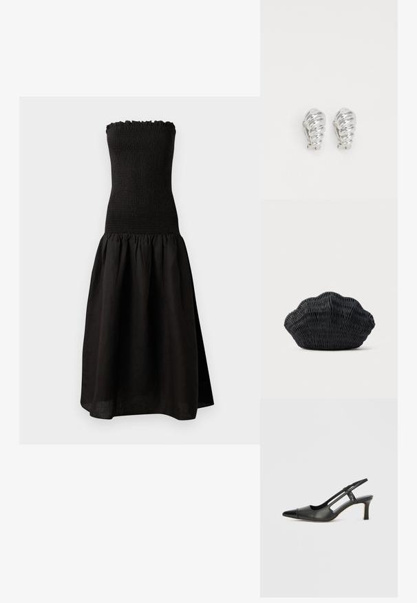 Robe noire sans bretelles avec un corsage smocké, un décolleté froncé, et une jupe évasée et froncée en tissu léger.; Chaussure à bride arrière en cuir noir avec bout pointu, dotée d'un accent brillant sur le bout et d'un talon de hauteur moyenne. Design latéral ouvert.; Sac à main en osier noir en forme de coquille Saint-Jacques avec un dessus courbé et une texture tressée sur un fond uni.; Boucles d'oreilles en clip argentées avec un design en spirale, présentant une texture métallique lisse et des formes arrondies. Pas d'embellissements ou de motifs visibles.