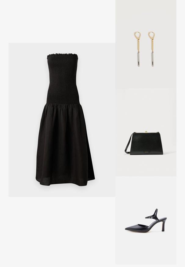 Zwarte strapless jurk met een gesmockte bodice, gerimpelde halslijn en een uitlopende, geplooide rok van lichtgewicht stof.; Zwarte pumps met spits toelopende neus, dunne enkelriem en zilveren gesp, glad lederen afwerking, elegante damesschoen.; Zwarte leren handtas met een gestructureerde vorm, voorzien van een gouden gesp en een afneembare riem. Gladde textuur met een subtiele glans.; Oorbellen met gouden en zilveren druppels en haaksluitingen, met een gouden staaf verbonden aan een zilveren staaf gegraveerd met "DKNY" op een witte achtergrond.