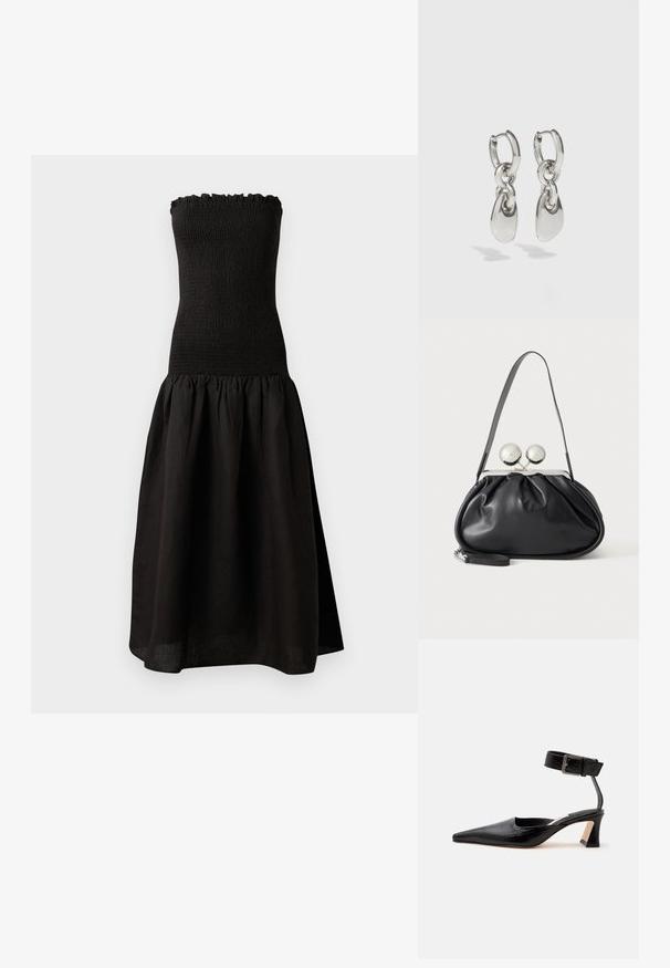 Robe noire sans bretelles avec un corsage smocké, un décolleté froncé, et une jupe évasée et froncée en tissu léger.; Chaussure noire à bout pointu et talon bas, avec bride à la cheville et boucle, finition en cuir texturé, vue de l’intérieur sur fond uni.; Sac à main en cuir noir avec un design plissé, une sangle unique, un cadre métallique argenté et deux grandes fermoirs ronds en argent.; Boucles d'oreilles en argent avec des maillons ovales allongés, présentant une finition polie et un pendentif tombant texturé. Design simple avec des bords lisses.