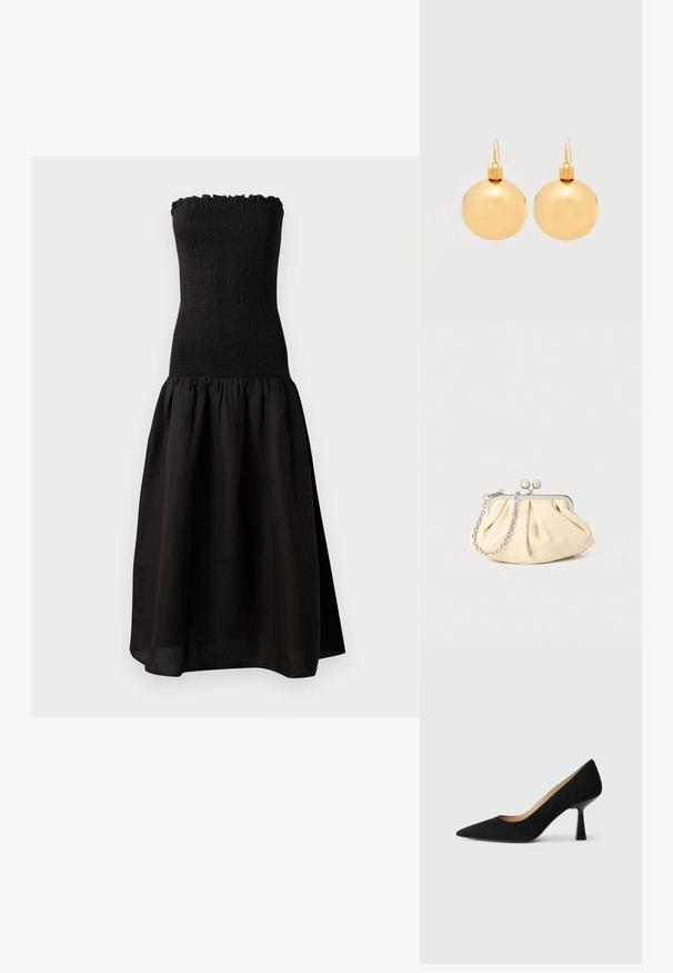 Zwarte strapless jurk met een gesmockte bodice, gerimpelde halslijn en een uitlopende, geplooide rok van lichtgewicht stof.; Zwarte suède high-heeled pump met een spitse neus, voorzien van een glanzende zwarte blokhak en een gladde binnenvoering.; Geplooide beige leren clutch met een zilveren metalen frame, voorzien van twee ronde decoratieve sluitingen en een zilveren kettingriem.; Een paar glanzende gouden kerstbal-oorbellen met haaksluitingen op een effen witte achtergrond.