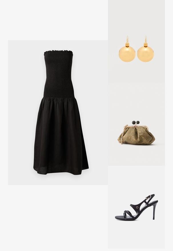 Zwarte strapless jurk met een gesmockte bodice, gerimpelde halslijn en een uitlopende, geplooide rok van lichtgewicht stof.; Zwarte sandaal met hoge hakken, dunne bandjes, een enkelgesp en een slanke naaldhak op een witte achtergrond.; Kleine clutch tas met goud-zwart geometrisch patroon, goudkleurig metalen frame, zwarte bolsluiting en een korte gouden kettingband.; Een paar glanzende gouden kerstbal-oorbellen met haaksluitingen op een effen witte achtergrond.