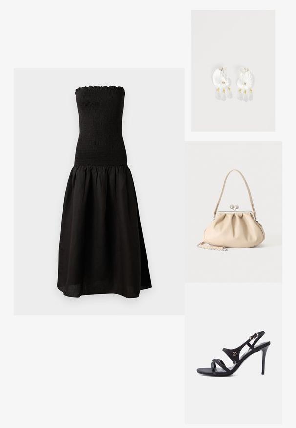 Zwarte strapless jurk met een gesmockte bodice, gerimpelde halslijn en een uitlopende, geplooide rok van lichtgewicht stof.; Zwarte sandaal met hoge hakken, dunne bandjes, een enkelgesp en een slanke naaldhak op een witte achtergrond.; Beige zachte leren handtas met een zilveren metalen frame sluiting, een enkele schouderriem en een optionele kettingriem op een witte achtergrond.; Duidelijke hars oorbellen in schelpvorm met kleine gouden accenten en drie hangende doorschijnende druppelvormige bedels aan elk oorbel.
