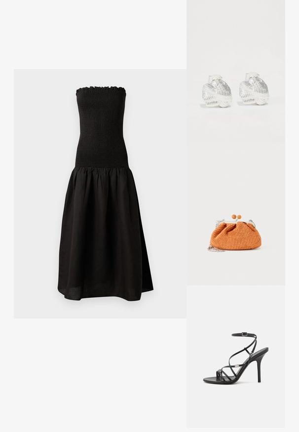 Zwarte strapless jurk met een gesmockte bodice, gerimpelde halslijn en een uitlopende, geplooide rok van lichtgewicht stof.; Zwarte hoge hakken sandaal met dunne banden, een enkelgesp, een gladleren oppervlak en een slanke stilettohak.; Kleine oranje geweven clutch met zilverkleurig metalen frame, ronde sluiting en een zilveren kettingriem op een witte achtergrond.; Zilveren oorknopjes in schelpvorm met textuuraccenten en gladde rondingen, voorzien van een doorzichtige achterkant voor een veilige bevestiging.