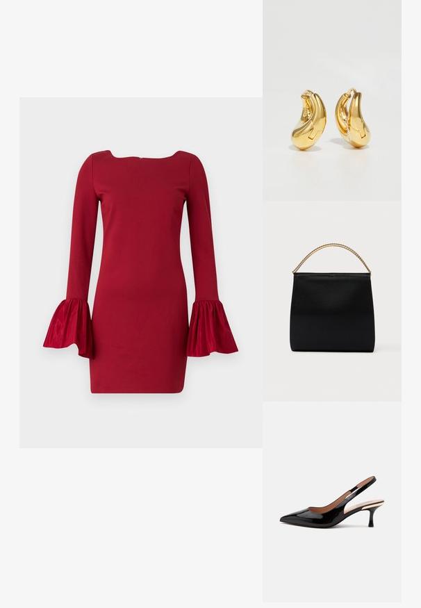 Rotes langärmliges Kleid mit schiffchenförmigem Ausschnitt und ausgestellten, rüschengeschmückten Ärmeln. Hergestellt aus einem glatten Stoff, mit einer taillierten Silhouette.; Schwarzer Lackleder Slingback-Pumps mit spitz zulaufender Kappe und niedrigem Katzenabsatz auf weißem Hintergrund.; Schwarze Tasche aus glattem Stoff mit strukturierter Form, einem Griff aus goldener Kette und minimalistischem, geometrischem Design.; Goldene Creolen mit einer glatten, geschwungenen Form und polierter Oberfläche. Mit einem Verschlussmechanismus und leichten Einkerbungen für Details.