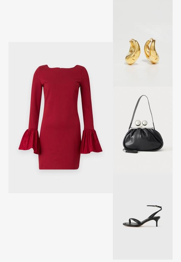 Rode jurk met lange mouwen, een bootnek en uitlopende, gerimpelde manchetten. Gemaakt van een soepele stof, met een getailleerde silhouette.; Zwarte leren dames sandaal met dunne bandjes, een teengreep, een enkelgesp en een stilettohak van gemiddelde hoogte op een neutrale achtergrond.; Zwarte leren handtas met een geplooid ontwerp, een enkele schouderband, zilverkleurige metalen omlijsting en twee grote ronde zilveren sluitingen.; Gouden oorringen met een gladde, gebogen vorm en gepolijste afwerking. Bevat een sluitmechanisme en lichte inkepingen voor detail.