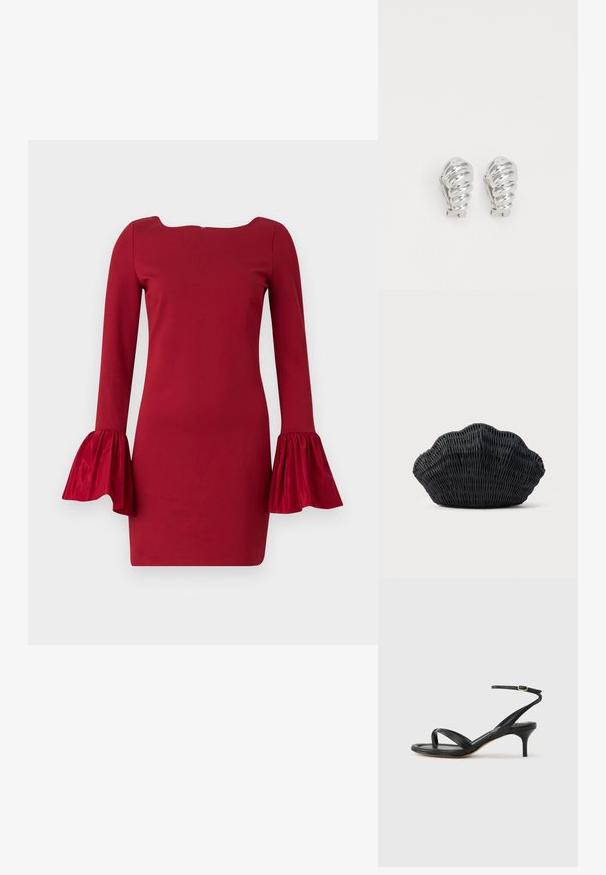 Rotes langärmliges Kleid mit schiffchenförmigem Ausschnitt und ausgestellten, rüschengeschmückten Ärmeln. Hergestellt aus einem glatten Stoff, mit einer taillierten Silhouette.; Schwarze Ledersandale für Damen mit dünnen Riemchen, einer Zehenlasche, einer Knöchelschnalle und einem mittelhohen Stöckelabsatz vor neutralem Hintergrund.; Schwarze Korbtasche in Muschelform mit gebogenem Oberteil und gewebter Textur auf einfarbigem Hintergrund.; Silberne Clip-On-Ohringe mit spiralförmigem Design, das eine glatte metallische Textur und abgerundete Formen aufweist. Keine sichtbaren Verzierungen oder Muster.