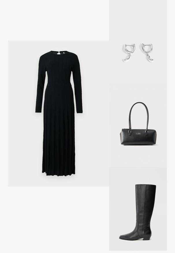 Robe noire à manches longues en tissu tricoté côtelé, avec un corsage ajusté et une jupe évasée à plis. Fermeture au dos avec un petit bouton.; Bottes en cuir noires montant jusqu'aux genoux, avec bout pointu et talon bas carré, présentant une texture lisse et un design épuré et élégant.; Sac à main rectangulaire en cuir noir avec deux longues anses et logo numérique blanc centré sur le devant.; Paire de boucles d'oreilles créoles en argent poli avec de petits pendentifs en forme de goutte irrégulière suspendus à chaque créole sur un fond gris uni.