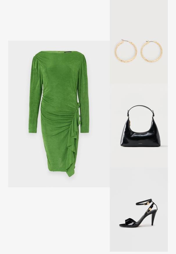 Grünes langärmliges Kleid aus strukturiertem Stoff, mit einer figurbetonten Silhouette, Raffung und einem seitlichen Volantdetail. Glatter Halsausschnitt.; Schwarze, lackierte High-Heeled-Sandalen mit doppelten Knöchelriemen und goldenen Schnallen, Zehen offen und schlankem, spitz zulaufendem Absatz auf neutralem Hintergrund.; Schwarze, glänzende Calvin Klein Handtasche mit goldfarbenem Reißverschluss und kurzem Trageriemen vor schlichtem weißem Hintergrund.; Paar goldfarbene, strukturierte Creolen mit dünnen Stegen vor weißem Hintergrund.