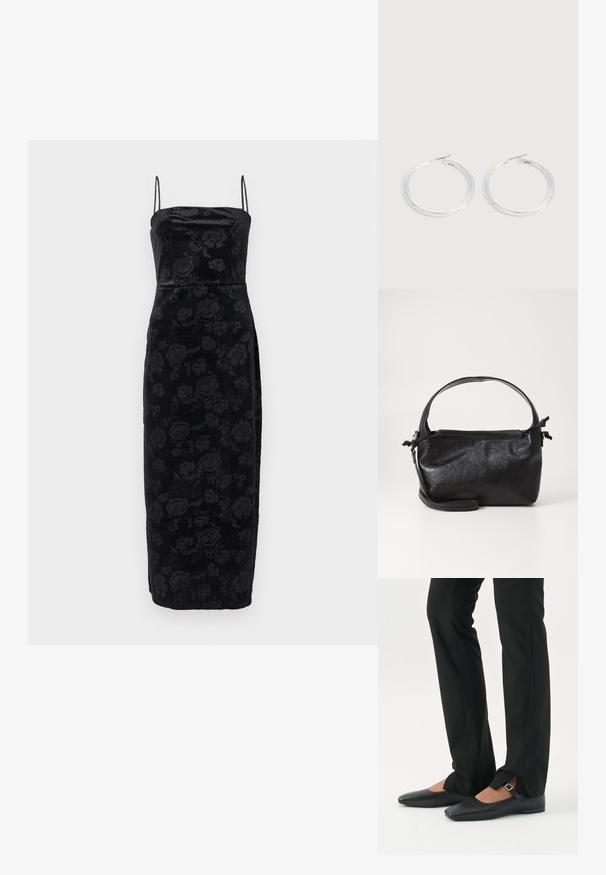 Robe midi en velours noir avec un motif floral subtil, encolure droite et fines bretelles spaghetti.; Jambes vêtues d’un pantalon slim noir avec des fentes à l’avant de l’ourlet, assorties à des chaussures plates Mary Jane noires avec une petite bride à boucle.; Sac à main en cuir noir au design structuré, avec une poignée arrondie et une bandoulière amovible. Présente une texture lisse et un éclat subtil.; Paire de boucles d'oreilles créoles argentées brillantes avec fermoirs en fil fin, présentée sur un fond gris clair.
