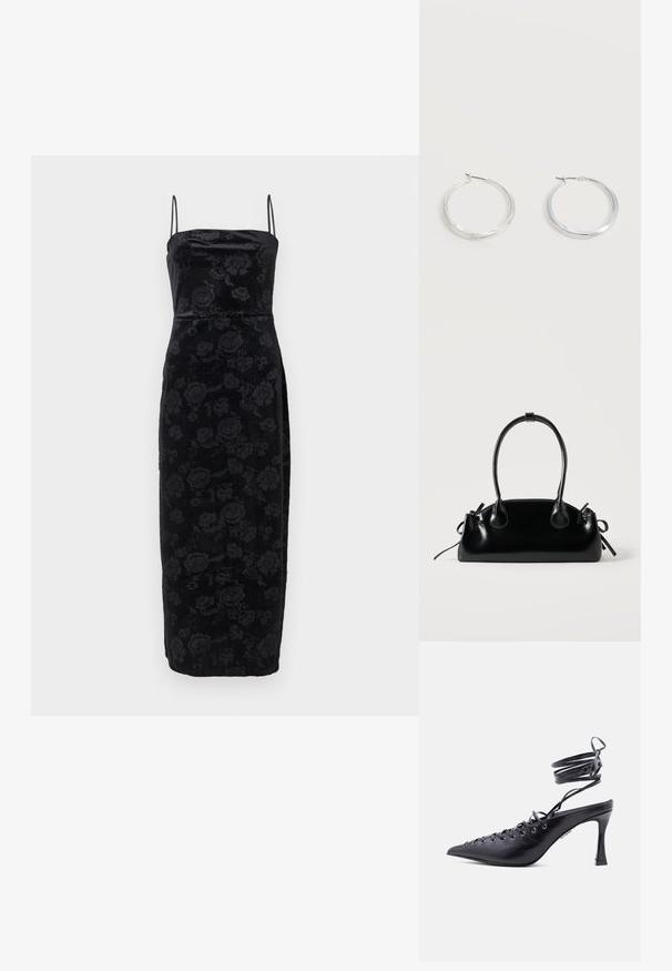 Robe midi en velours noir avec un motif floral subtil, encolure droite et fines bretelles spaghetti.; Chaussure à talon haut noire à bout pointu avec brides enveloppantes autour de la cheville et plusieurs œillets sur le devant pour laçage.; Petit sac à main noir brillant avec deux longues anses et des détails à cordon sur les côtés sur un fond clair uni.; Boucles d’oreilles créoles en métal argenté avec une surface lisse légèrement incurvée et des fermoirs à clapet sur un fond blanc uni.
