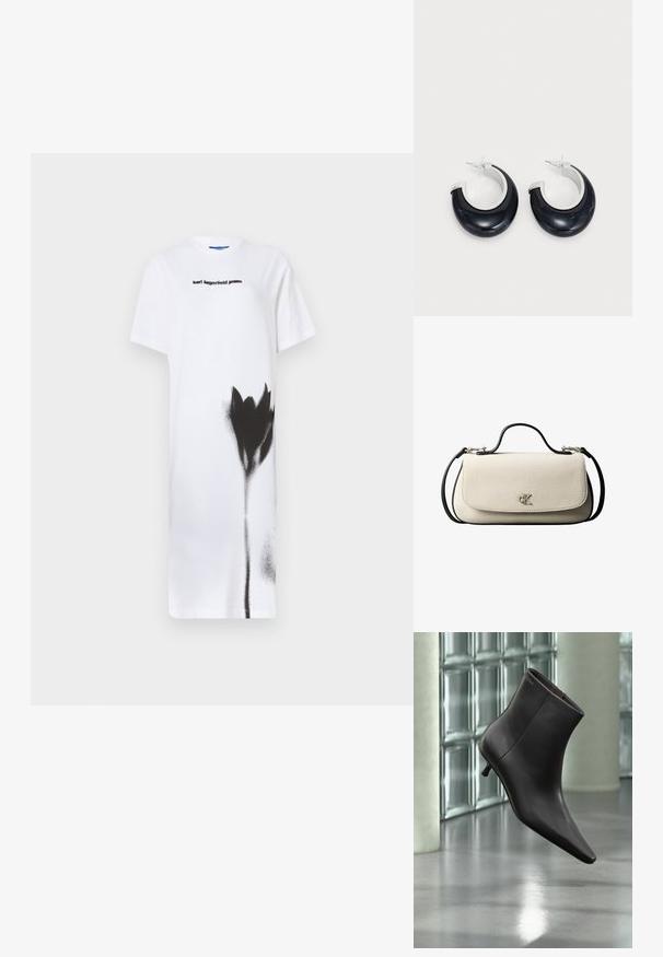 Hvid t-shirt kjole med en sort spraymalet blomstert design. Vist logo "karl lagerfeld jeans" i sort, rund halsudskæring, korte ærmer.; Sort læderankelstøvle med spids tå og lille hæl vist mod en væg af glasblokke og poleret gulv baggrund.; Cremefarvet rektangulær håndtaske med sort rem og håndtag, foran klaplukning samt lille sølvfarvet "cK" logo midt foran.; Sorte harpiks hoops øreringe med en skinnende overflade og silvertone hardware detaljer. Cirkulær form med en udskæring og stift-bagside lukning.