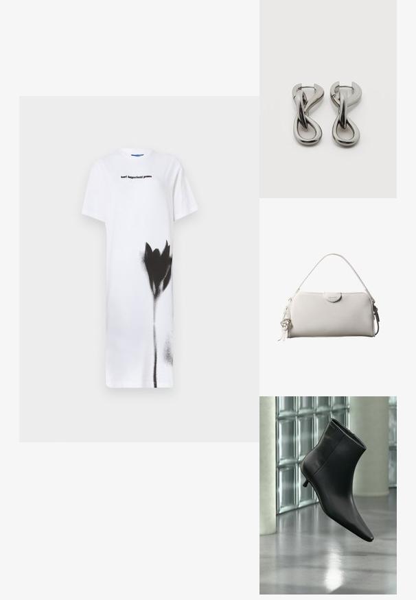 Witte t-shirt jurk met een zwart spray-geverfd bloemenontwerp. Weergegeven logo "karl lagerfeld jeans" in zwart, ronde halslijn, korte mouwen.; Zwarte leren enkellaars met spits toelopende neus en lage kittenhak, schuin weergegeven tegen een gepolijste vloer en een glazen blokken muur als achtergrond.; Witte rechthoekige Calvin Klein handtas met enkele handgreep, minimalistisch ontwerp en decoratieve kwastjes met geometrische metalen hanger aan de zijkant.; Set zilverkleurige metalen oorbellen met een abstract ontwerp van in elkaar grijpende lussen op een witte achtergrond.
