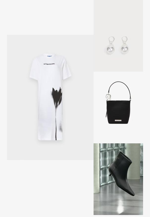 Vestido blanco de camiseta con un diseño de flor pintada en spray negro. Logo "karl lagerfeld jeans" en negro, cuello redondo, mangas cortas.; Botín negro de cuero con punta puntiaguda y tacón bajo estilo kitten, mostrado en ángulo sobre un suelo pulido y con una pared de bloques de vidrio de fondo.; Bolso de estilo tipo cubo en negro con un asa corta y un adorno plateado en forma de cara con gafas de sol, con una placa de logo de Karl Lagerfeld.; Pendientes de plata en forma de gota con superficies redondas y reflectantes colgando de cierres de palanca. El fondo es blanco liso.