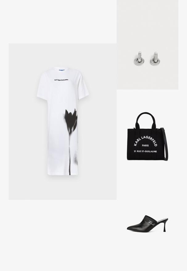 Valge T-särk-kleit, millel on musta spray-pinnaga lillekujundus. Kuvatud "karl lagerfeld jeans" logo mustas, ümar kaelus, lühikesed varrukad.; Mustast nahast muul, millel on terav varvas ja stilettokand. Omab laia riba, millel on hõbedased kirja-detailid küljel. Sile tekstuur.; Mustmust kangas käekott kahe ülemise kätse ja eemaldatava õlarihmaga. Omab valget teksti: "KARL LAGERFELD PARIS 21 RUE ST-GUILLAUME."; Väike paar sädelevaid hõbedasi rõngaskõrvarõngaid ümmarguse alusega, esitatud lihtsal heledal taustal.