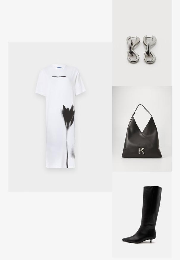 Biele šaty s tričkovým strihom, ktoré sú ozdobené čiernym striekaným kvetinovým dizajnom. Zobrazené logo "karl lagerfeld jeans" v čiernej farbe, okrúhly výstrih, krátke rukávy.; Čierna kožená čižma po koleno s ostrou špičkou a nízkym kitten opätkom na jednoduchom svetlom pozadí.; Čierna kožená ramenná taška trojuholníkového tvaru, s kovovým doplnkom v tvare strieborného "K" loga a jedným popruhom na nosenie. Hladká textúra.; Pár strieborných kovových náušníc s abstraktným prepletajúcim sa slučkovým vzorom na bielom pozadí.